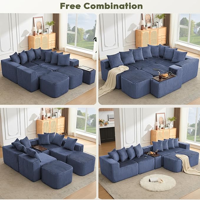 Oversized Cloud Modular Sectional Sofa Boneless Couch with Movable Ottomans,Free Combination Memory Foam Floor Couch with Charging Port & Cup Holders for Living Room | Coffee Table Board, Wireless Charge, No Assembly