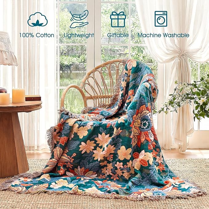 Boho Throw Blanket - 100% Cotton Ultra Soft Muslin Blanket, 50"x60" Lightweight Floral Framhouse Bedding Spring Blanket for Bed, All Season Green Bohemian Bedroom Home Decor Quilt