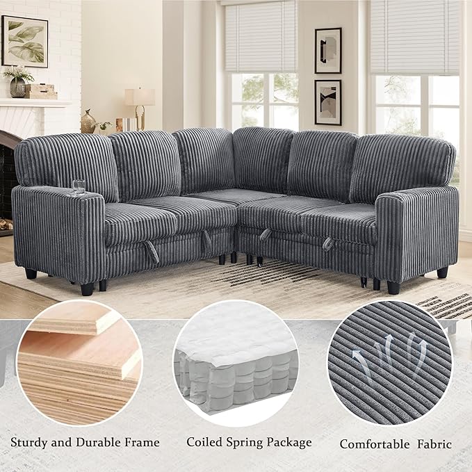 81" Modular Sectional Sofa, L-Shaped Convertible Sectional Sleeper Sofa Bed with Pull Out Bed, Storage Chaise, USB & Type-C Charging, 5-Seat Corduroy Couch for Living Room Apartment, Grey