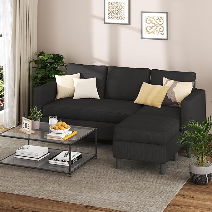 Shintenchi Convertible Sectional Sofa Couch,L-Shaped Modular Sofas with Reversible Ottoman,3-Seat Upholstered Corduroy Sofa Couch,Small Couches for Apartment,Living Room and Office(Black)