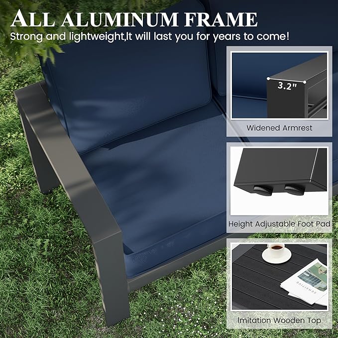 Patio Furniture Set with Fire Pit Table, Aluminum Patio Furniture Set,Grey and Blue Outdoor Metal Sectional Sofa with Aluminum Fire Pit Table for Garden Backyard (Include Waterproof Cover)