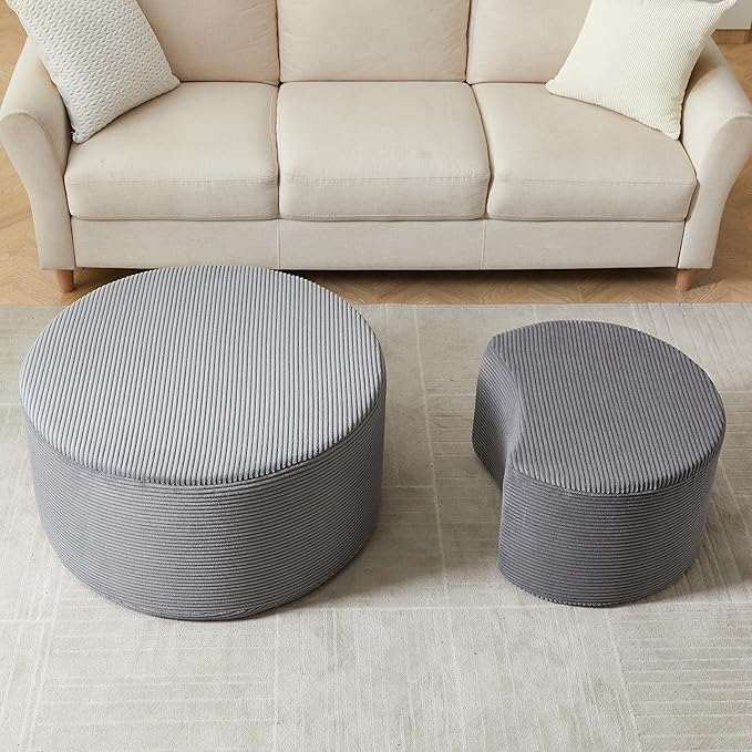 kevinplus 49.7'' Foam Round Nesting Coffee Table Set of 2, Modern Upholstered Side End Table Ottoman Footrest, No Assembly, Gray