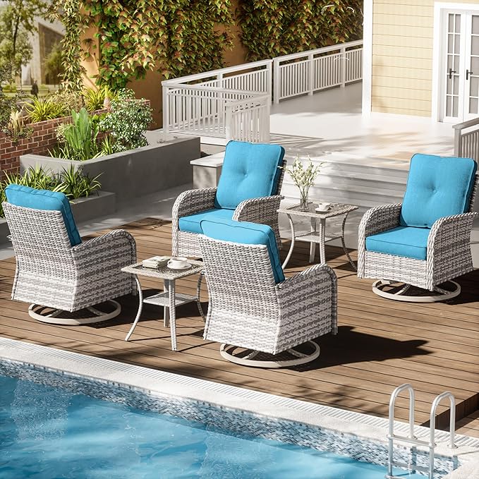 6-Piece Patio Rocking Swivel Chair Outdoor Wicker Rattan Bistro Set with Tempered Glass Side Table, Outdoor Patio Furniture Set for Garden, Deck, and Balcony, Turquoise