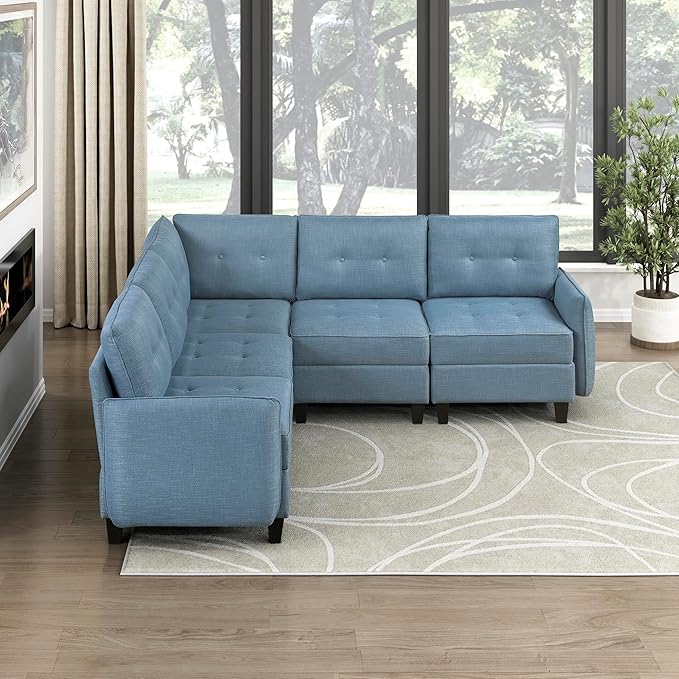 Lexicon L Shape Sectional Couch with Hidden Storage, Textured Fabric Modular Sectional Sofa with Button-Tufted Design, Reversible Back Cushion, 5 Seater Large Sofa, Blue