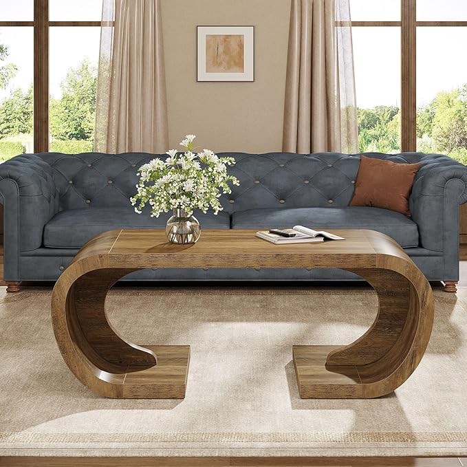 Tribesigns Farmhouse Coffee Table, 47" Heavy Duty C-Shaped Center Table with Curved Base, Large Tea Table for Living Room, Entertainment Room, Home Office, Rustic Brown