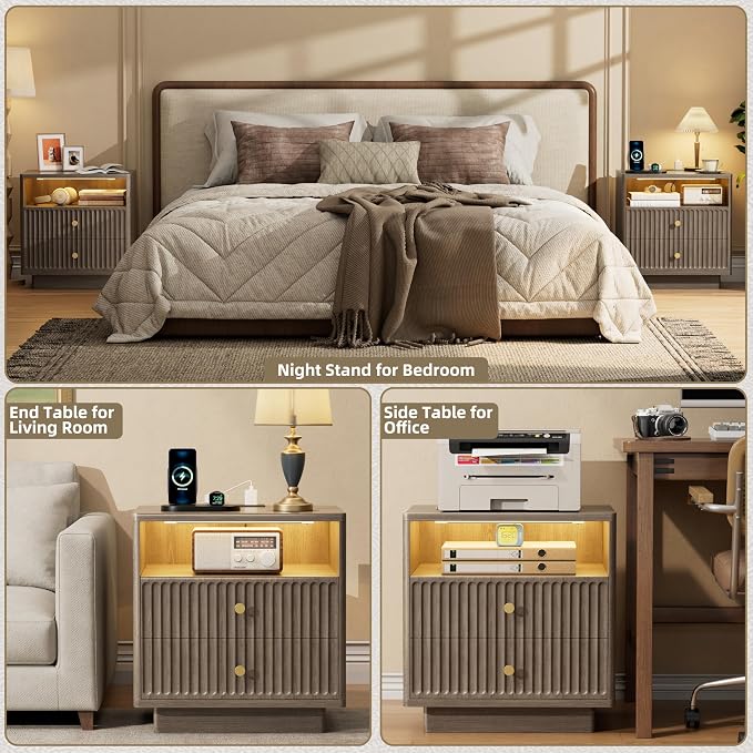 PAPROOS 23'' Fluted Nightstand with Charging Station, Modern Bedside Table with Motion Sensor LED Light, 2-Drawer Storage Cabinet for Bedroom & Home Office (1 pc Brown Gray) - Image 6
