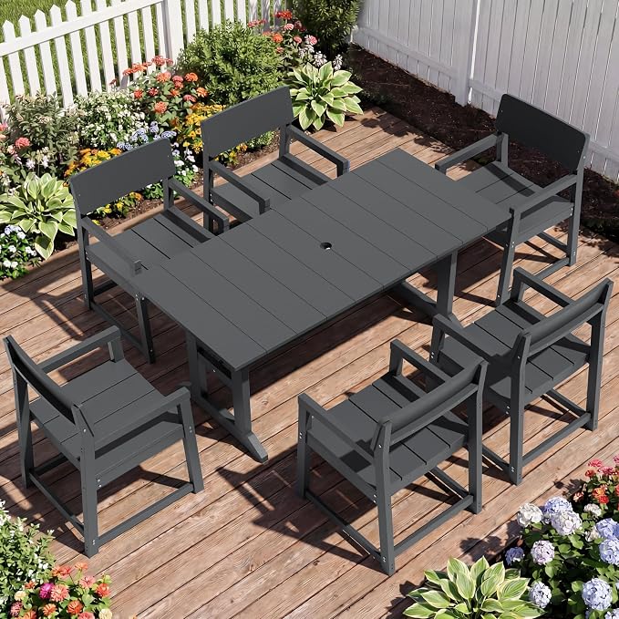 JAMFLY 7 Piece Outdoor Dining Set, All Weather Patio Table and Chairs for Backyard Garden Deck Lawn Pool, Sturdy All Weather Outdoor Furniture Set with Umbrella Hole, Grey - Image 2