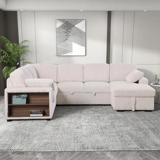 118 inch Oversized U Shaped Sectional Sleeper Sofa with Pull Out Couch Bed , Plush Corduroy Convertible Pullout Sofabed with Storage Chaise & Shelves,6 Seater Corner Couches for Living Room Office