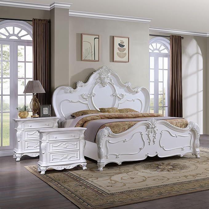 Furniture of America Eugene Traditional Solid Wood 3-Piece Bedroom Collection with Bed Frame and 3-Drawer Nightstands Set of 2, Box Spring Required, White, Queen