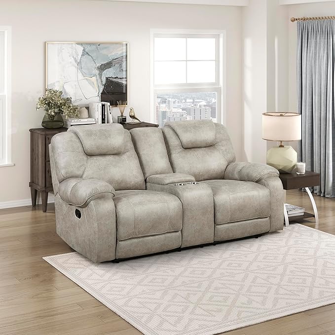 Lexicon Manual Double Reclining Loveseat, Polished Microfiber Manual Wall Hugger Loveseat Recliner for Living Room, Center Storage Console/Cup Holders/Pillow Top Arm, Easy Assembly, Pewter