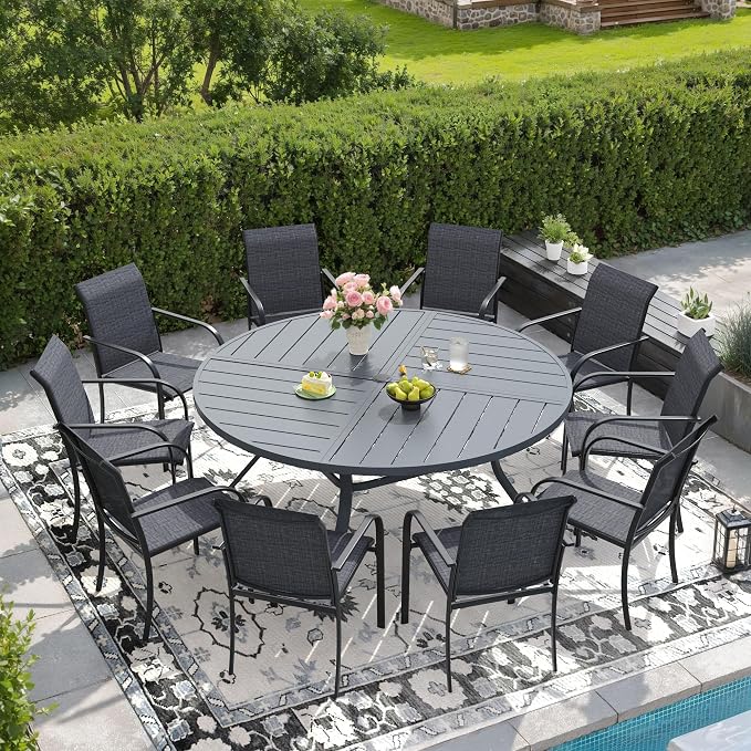 DIFY Patio Dining Set for 10, 11 Piece Outdoor Table and Chairs Set, 59.8" Round Metal Patio Dining Table and 10 Textilene Stackable Patio Chairs, for Backyard Garden Poolside, Grey by DIFY