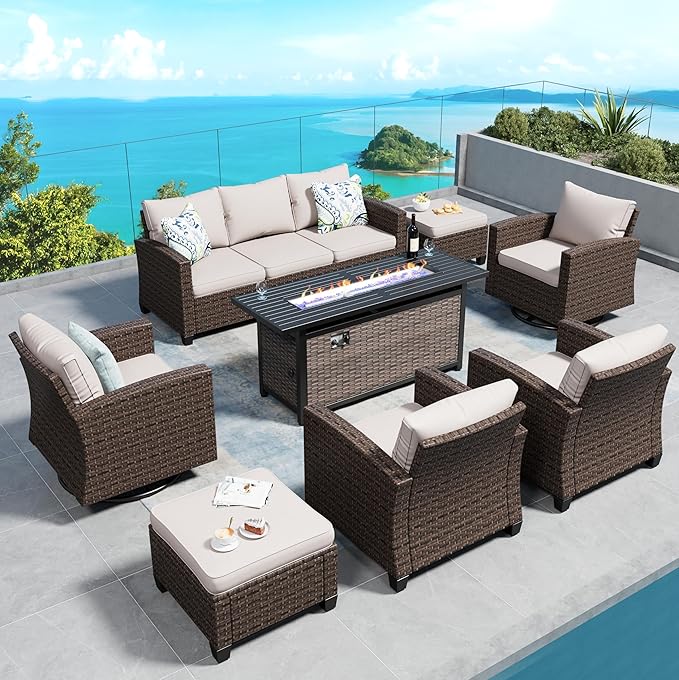 Swivel Glider Patio Furniture Set Outdoor Furniture Brown Wicker Rattan Patio Conversation Sets with Cushion Outside Sofa Set,7 Pieces with Rectangular Firepit Table,9 Seats,Beige