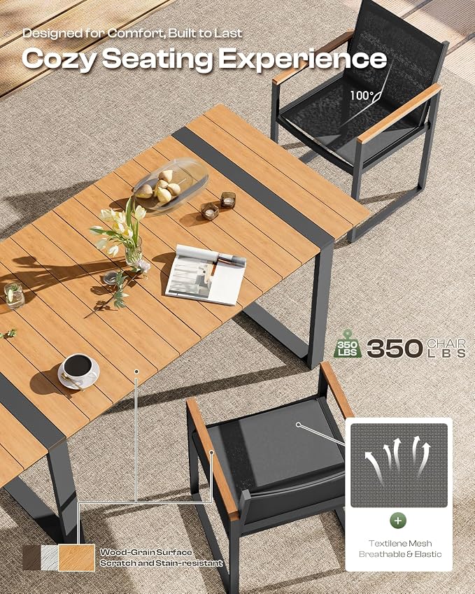 Outdoor Dining Table for 6, HDPS+ Aluminum Patio Dning Table with U-Shape Leg, Size: 67.4"*32.3"*29.6",Modern Rectangular Table for Lawn, Garden (Gray-Teak) - Image 3