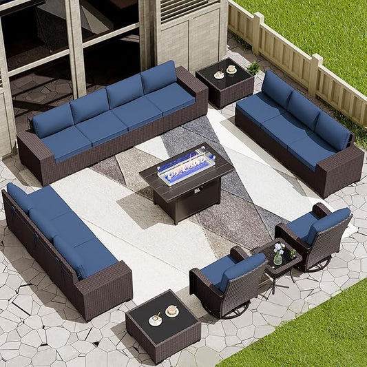 16 PCS Outdoor Patio Furniture Set,Outdoor Sectional Furniture with 45" 55000 BTU Gas Propane Fire Pit Table,PE Rattan Wicker Patio Conversation Set,Swivel Rocking Chairs Set,Navy Blue