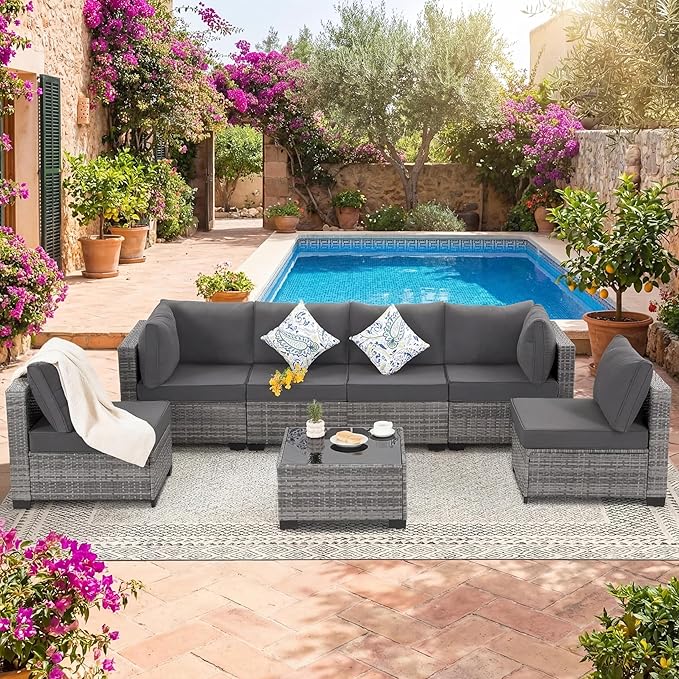 Patio Outdoor Furniture Set 7 Pieces Rattan Wicker Sectional Sofa Couch Conversation Set with Table for Deck Lawn, Gray Wicker/Gray Cushion