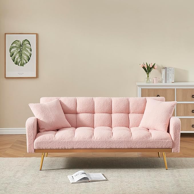 Convertible Futon Loveseat Couch Reversible Loveseat Folding Daybed Guest Bed, Tufted Teddy Fleece Upholstered Convertible Sleeper Sofa Bed with Golden Metal Legs and 2 Pillows for Living Room Office