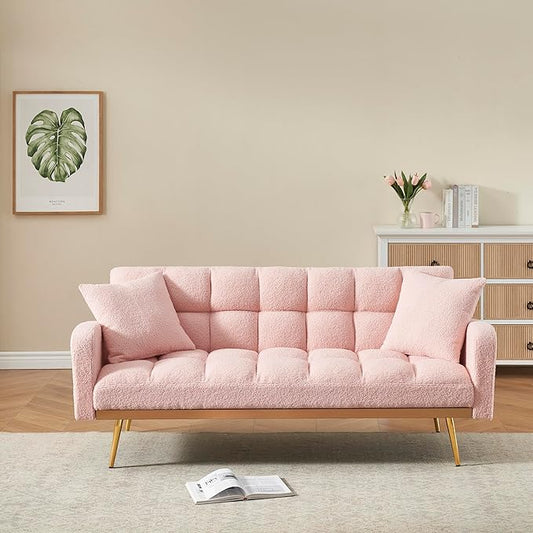 Convertible Futon Loveseat Couch Reversible Loveseat Folding Daybed Guest Bed, Tufted Teddy Fleece Upholstered Convertible Sleeper Sofa Bed with Golden Metal Legs and 2 Pillows for Living Room Office