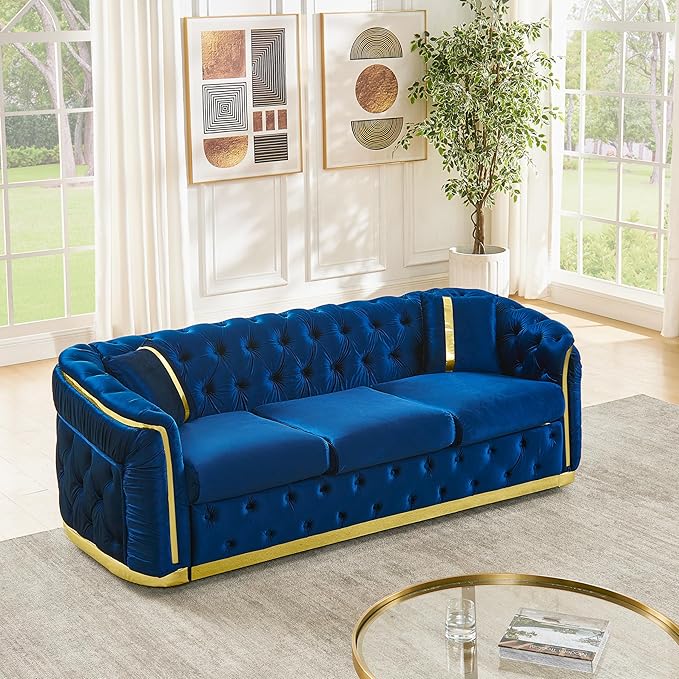 KEIKI 85" Luxury Oversized Velvet Chesterfield Sofa with 2 Pillow & Gold Stainless Decoration, Italian Modern Style 3-Seater Button Tufted Couch with Rolled Arms, Easy Assembly, for Living Room, Navy