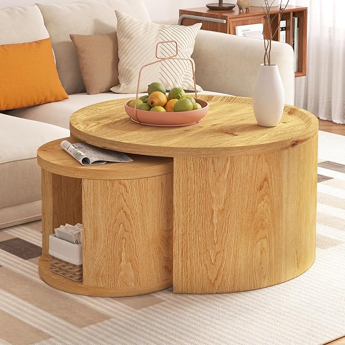 Round Nesting Coffee Table Set of 2, Mid Century Modern Circle Coffee Table, 31.5"&18" Wooden Circle Accent Tables with Wood Top, Minimalist Center Table, Space-Saving Side Table Set for Living Room