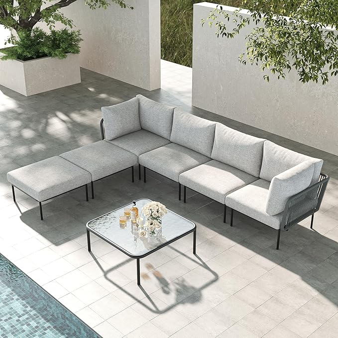 LayinSun 7 Pieces Aluminum Patio Furniture Set, Modern Modular Sectional Sofa with Coffee Table and Upgrade Thickness Cushion