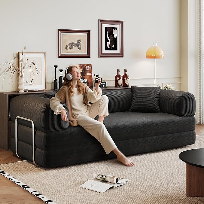 Ball & Cast 78.8" No-Assembly Compressed Sofa Bed, Convertible Floor Futon Couch with Pillow Backrest & Armrest, Boneless Modular Sleeper Sofa in Corduroy for Living Room Bedroom, Black