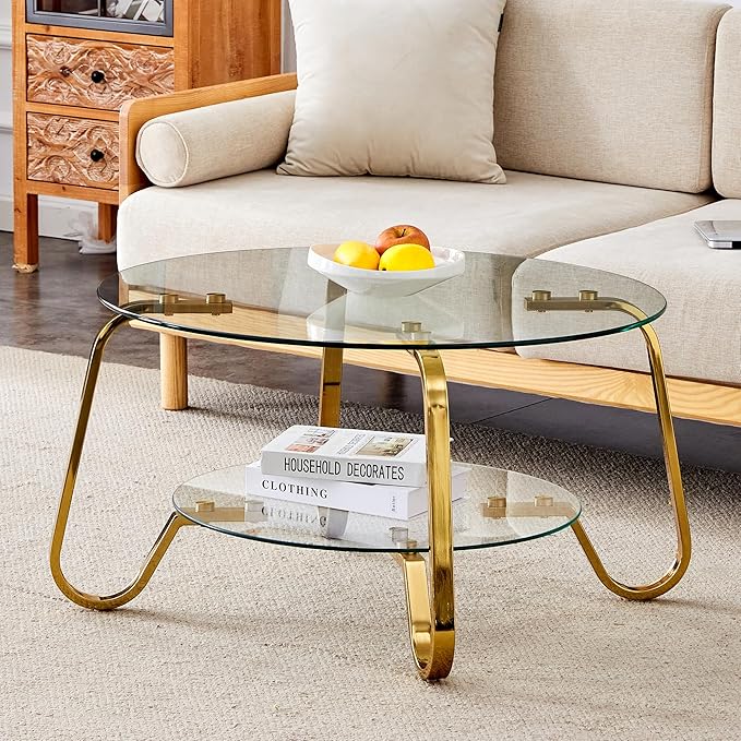 Glass Round Coffee Table for Living Room, 31.5 Inch Tempered Glass Top & Sturdy Metal Frame with Storage Shelf, Modern Small Center Table with 200lb Capacity, Quick & Easy Assembly