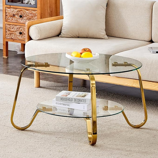 Glass Round Coffee Table for Living Room, 31.5 Inch Tempered Glass Top & Sturdy Metal Frame with Storage Shelf, Modern Small Center Table with 200lb Capacity, Quick & Easy Assembly