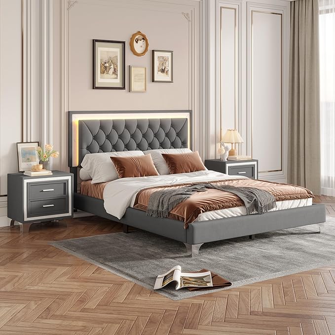 Merax 3 Pieces Bedroom Set, Queen Size Upholstered Platform Bed Frame with LED Lights and 2 Nightstands,Farmhouse Bedroom Furniture Set,Gray