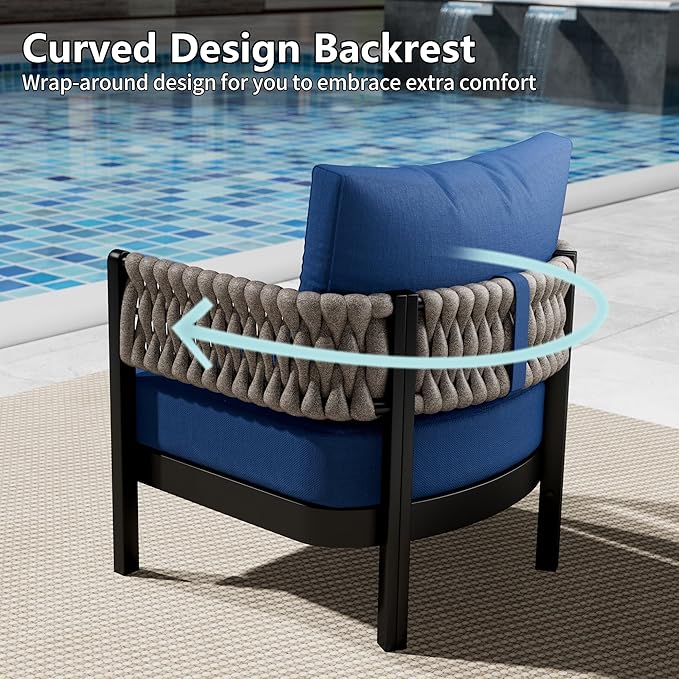Aluminum Patio Furniture Set,7 Pieces HDPE Rope Patio Conversation Sets with Modular Coffee Table,Metal Outdoor Sectional Furniture w/5.9" Thick Cushions for Porch,Deck,Backyard,Navy Blue
