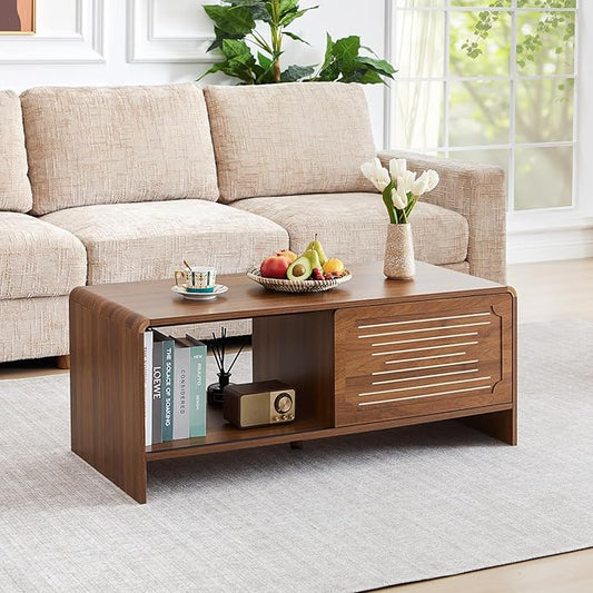 43.3'' Coffee Table, 2-Tier Rectangle Center Table with Sliding Door, Wood Modern Coffee Tables with Sturdy Base & Rounded Corners for Living Room, Office, Small Space