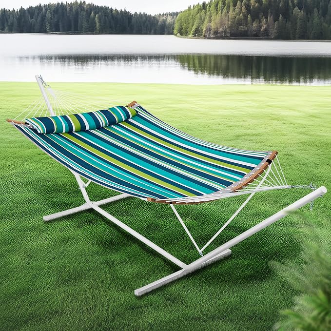 SUPERJARE Curved-Bar Hammock with Stand, 2 Person Heavy Duty Hammock Frame, Detachable Pillow & Portable Carrying Bag, Perfect for Outdoor & Indoor, Blue-Green Stripe - Image 3