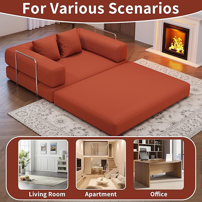 Folding Sofa Bed, 4 in 1 Convertible Sofas to Lounger Comfy Single Bean Bag Chair Floor Portable Foldable Sleeper Lazy Futon Couch Chair for Bedroom, Living Room (Orange, 53.15" Double Sofa)