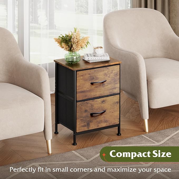 WLIVE Night Stand Set of 2, Small Dresser with 2 Drawers & Wooden Top, Nightstand with Fabric Bins, Bedside Table End Table for Bedroom, Closet, Entryway, College Dorm, Rustic Brown - Image 7