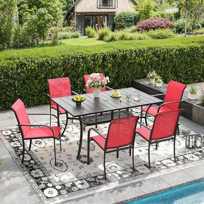DIFY 7 Pieces Patio Dining Set for 6, Patio Furniture Includes Red Stackable Sling Outdoor Chairs and 59.2" Rectangle Metal Black Table by DIFY