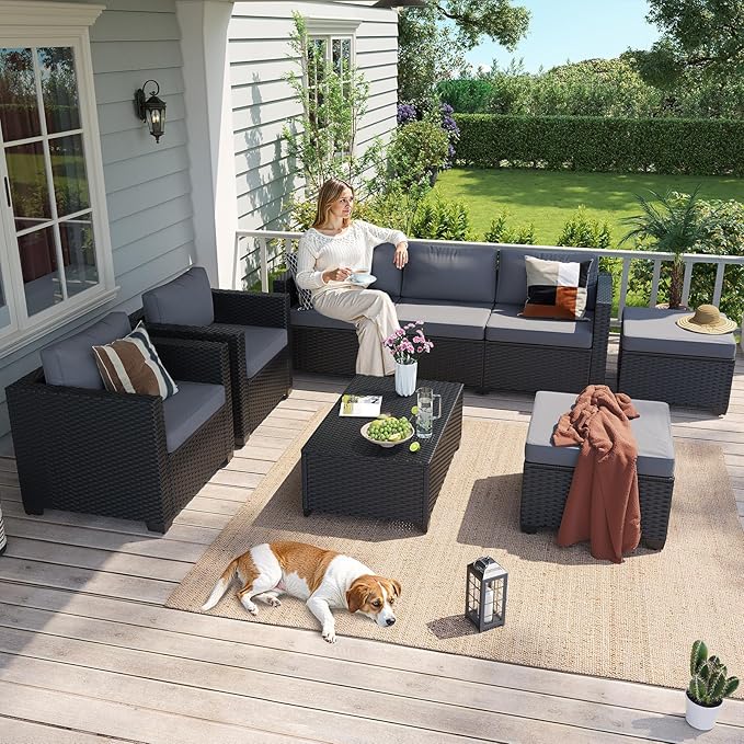 Aoxun 8 Piece Outdoor Patio Furniture Set 7 Seats, Outdoor Sectional with Thick Waterproof Cushions & Storage Coffee Table, Patio Conversation Sets for Garden,Backyard, Porch, Balcony, Deck, Gray