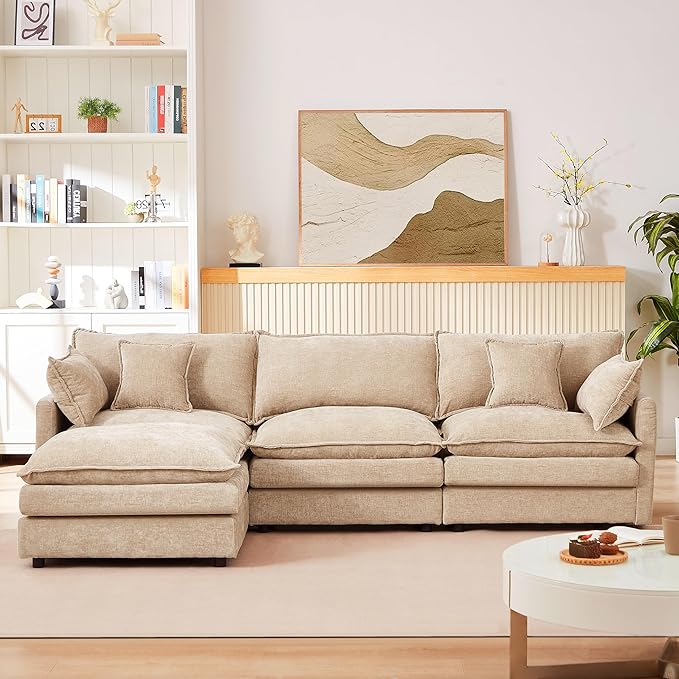 Eafurn Oversized Reversible Modular Sectional Sofa with Movable Ottoman, 4 Seater Convertible L Shaped Corner Couch Modern Chenille Sofa Set w/Double Layers Seat Cushions for Living Room Apartment