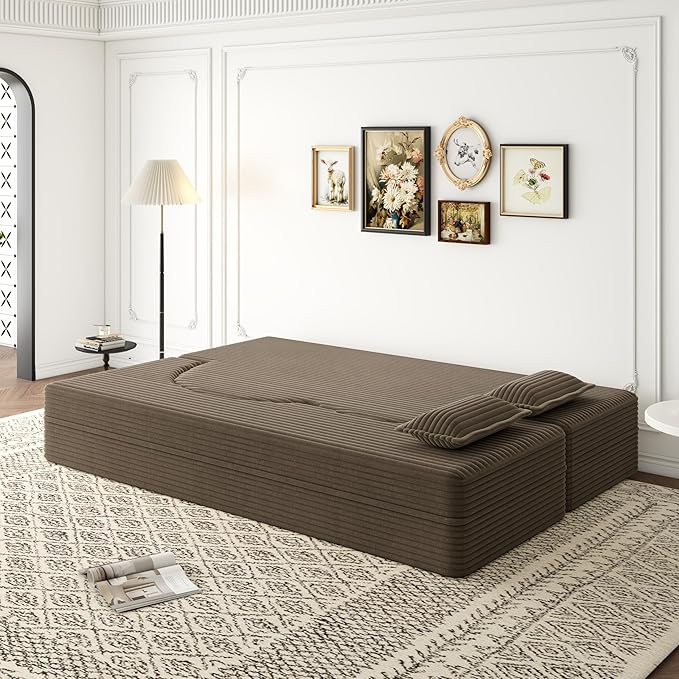 KEIKI Floor Sofa Bed with 2 Pillows, Convertible Plush Corduroy Couch, 15" Foam Folding Mattress Sleeper Floor Couch for Adults, Compression Sofa Lounge Bed, Coffee