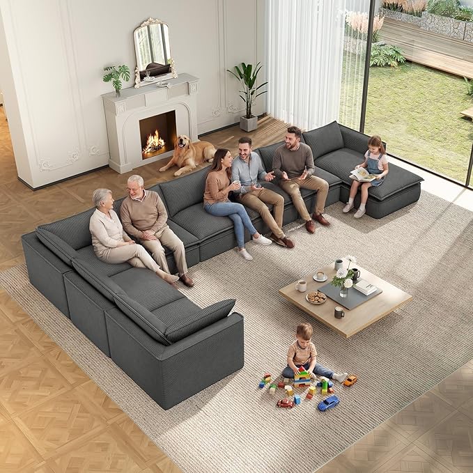 Vesgantti 141.7" Oversized Boneless Sectional Couch, Modern 7 Seater Modular Sofa with Chaise & Ottoman, Deep Seat Corduroy Cloud Couches for Living Room, No Assembly Required, Dark Gray
