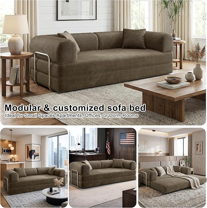 78 Inch Folding Convertible Sofa Bed, 4-in-1 Oversized Cloud Corduroy Upholstered Boneless Couch, Loveseat Sleeper with Pull Out Bed, Modular Futon Floor Sofa Couch for Living Room Bedroom Lounge