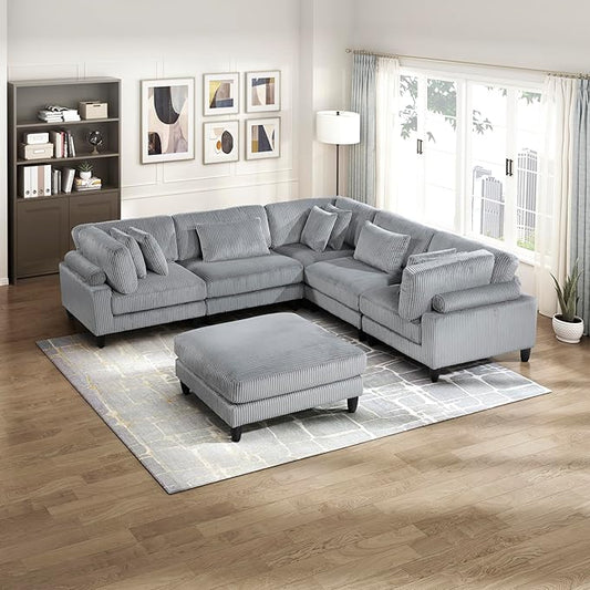 Lexicon 120 Inch Modular Sectional Sofa - Oversized 6 Seater Corduroy U Shaped Sectional Couch with Ottoman, 8 Accent Pillows, and Flexible Arrangement for Modern Living Rooms, Gray