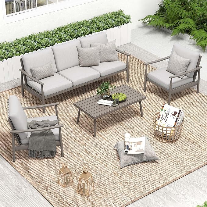 HAPPATIO Patio Outdoor Furniture Set - 4 Piece Aluminum Patio Conversation Set with 1 Coffee Table, 2 Armchairs and 1 Three-Seater Sofa, Aluminum Outdoor Furniture Set for Backyard Poolside (Grey)