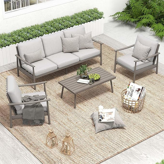 HAPPATIO Patio Outdoor Furniture Set - 4 Piece Aluminum Patio Conversation Set with 1 Coffee Table, 2 Armchairs and 1 Three-Seater Sofa, Aluminum Outdoor Furniture Set for Backyard Poolside (Grey)