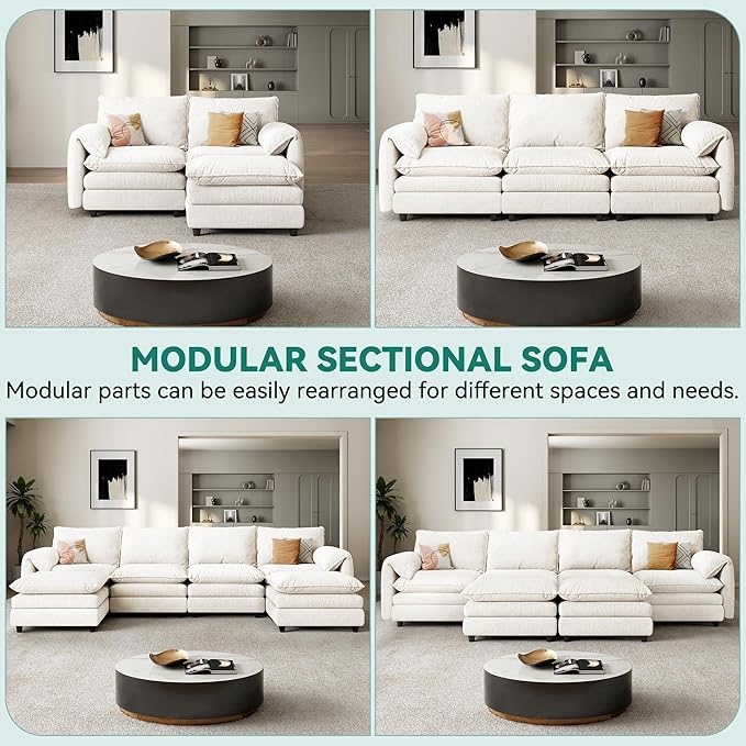 DWVO 142" Modular Sectional Sofa, Modern U Shaped Couch with Movable Ottoman, Pillow-Armrest, Velvet 6 Deep Seat Cloud Couch for Living Room, Beige
