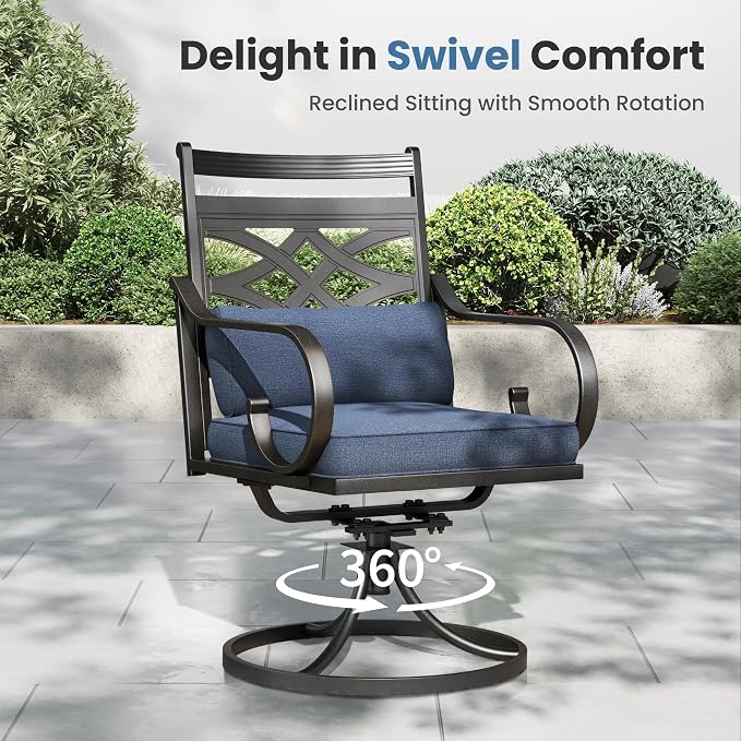 PHI VILLA 9 Pieces Outdoor Dining Set for 8, 60" Square Metal Table with Umbrella Hole & Wrought Iron Swivel Chairs, All Weather Outside Furniture with Blue Cushions & Pillows for Patio, Deck, Porch - Image 7