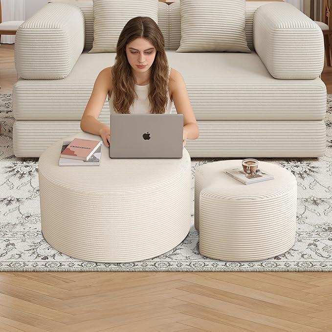 Round Coffee Table Set of 2, Movable Ottoman for Corduroy Cloud Sectional Couches Circle Foam Round Side Table for Living Room, Entryway Set, 32"+17" Footrest No Assembly (Beige, 32"+17")