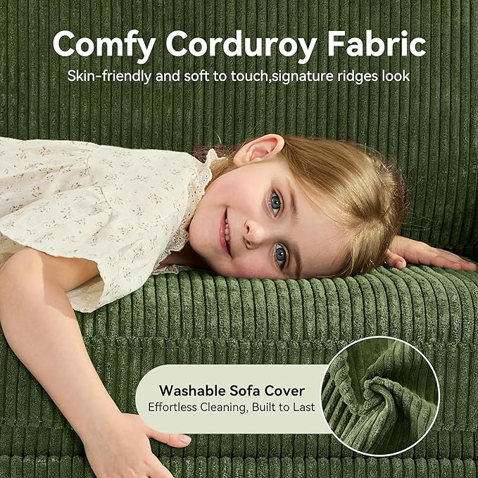 68" Loveseat Sofa, Comfy Green Corduroy Couches for Living Room, Mid Century Modern Love Seat Sofa, Tool-Free Setup Small Couches for Bedroom Office