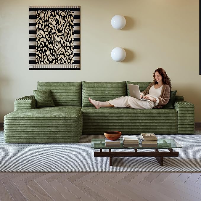 107" Boneless Couch with L Shaped Chaise, Plush Corduroy Sleeper Sectional Sofa, Deep Seat Comfy Couches for Living Room Bedroom, Compressed Foam Cloud Sofas, No Assembly, Left Facing Chaise, Green
