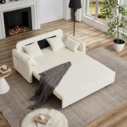 Ball & Cast 66" Convertible Sofa Bed,3-in-1 Corduroy Loveseat Sleeper Pull Out Couch Bed with Pillows and Side Pockets, Deep Seat Comfy Sofa Couches for Living Room,Apartment,Beige