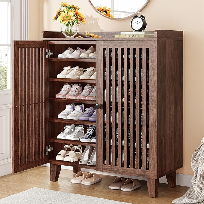 IRONCK Shoe Cabinet with Slatted Doors, 6-Tier Shoe Storage Cabinet with Adjustable Shelves, Wooden Shoe Rack Organizer for Entryway, Hallway, Closet, Living Room, Walnut by IRONCK