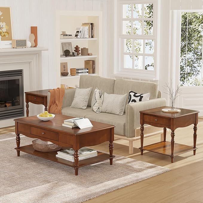 Large End Table with Drawer and Storage Shelf, Solid Wood Sofa Side Table, Slim Beside Table,Telephone for Small Spaces, Living Room, 22.8"L x 22.8"W x 24"H ,No-Tools Assembly,Caramel Brown CJZC008DR
